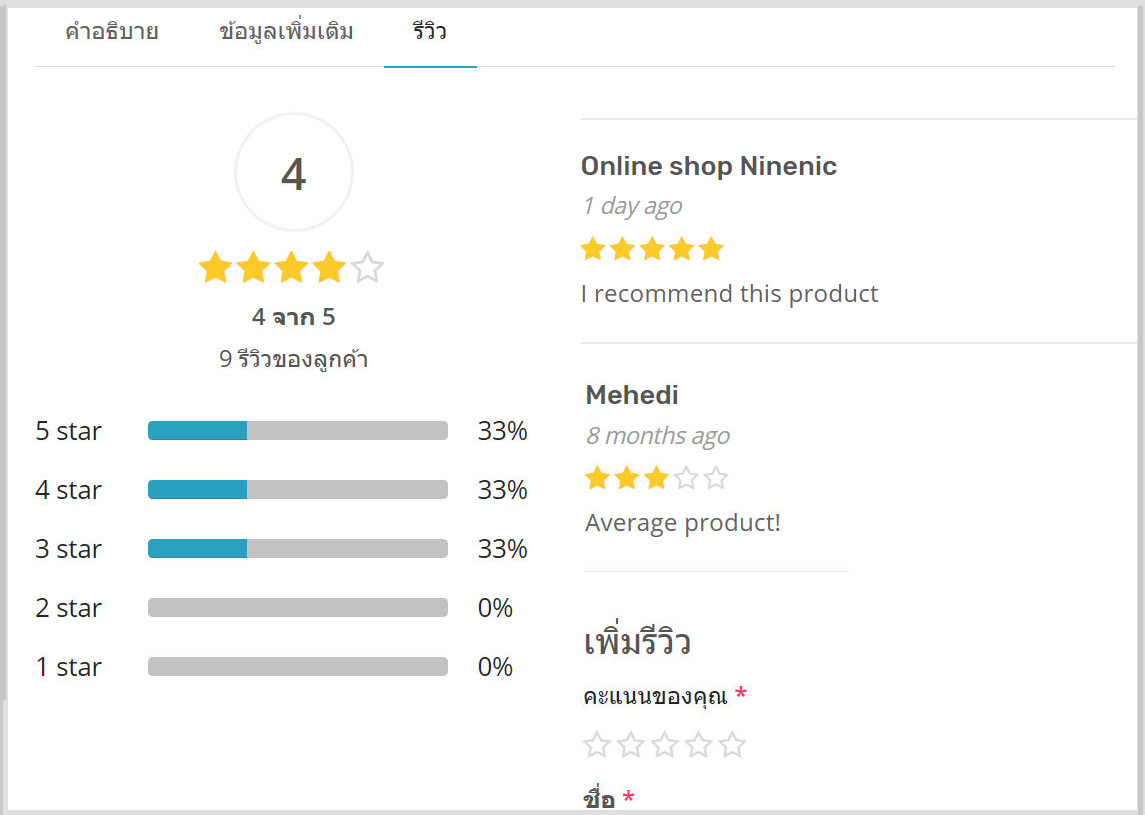 ฟีเจอร์ ecommerce ร้านออนไลน์ ขายของออนไลน์ - Product review ลูกค้าสามารถรีวิวสินค้า และคุณสามารถจัดการรีวิว ได้อย่างง่ายดาย- เปิดร้านออนไลน์ ขายของออนไลน์ เว็บอีคอมเมอร์ส ด้วยเว็บไซต์สำเร็จรูป Ninenic ecommerce